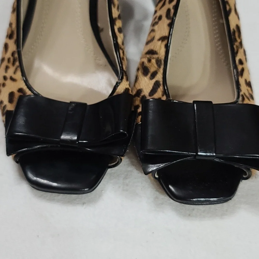 Ellen Tracy Womens Slingback Wedge Shoes Cheetah Print Cow Hair Blk Bow Sz 6 GUC